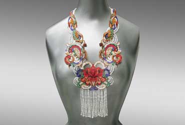 Red Lotus and Butterflies Beaded Neckpiece by Sharmini Wirasekara